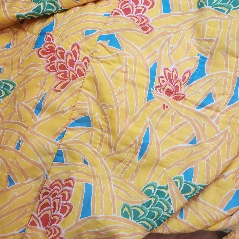 Vintage 80s Bedspread Queen Size Yellow Quilted Polyester Hawaiian Floral